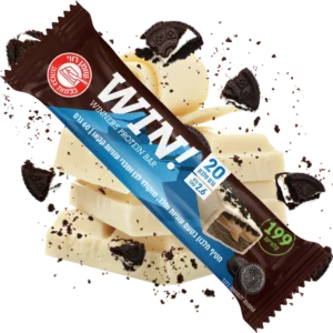 חטיפי חלבון WIN בטעם בטעם עוגיות וחלב, שוקולד לבן ושברי עוגיות קקאו